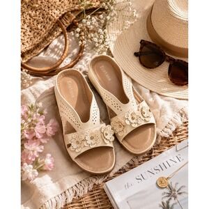 Ecetana Women's Floral Comfort Sandals Cream Slip On Casual Summer Shoes